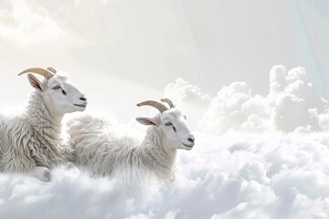 two goats sheep on White background with clouds