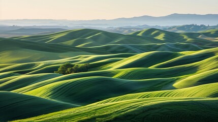 early morning light casting shadows on rolling green hills