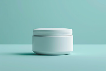 Plastic jar mockup for cosmetics against a serene light blue backdrop, ideal for product showcasing