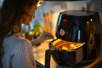 A woman carefully places food into a hot deep fryer, adjusting the settings for time and temperature.