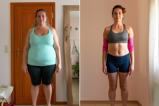 A comparison of a womans appearance before and after significant weight loss transformation.