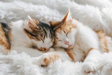 Two cats peacefully sleeping side by side on a soft white blanket.