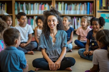 Woman sitting in front of children in circle on floor.