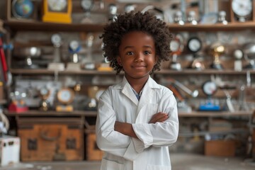 Fototapeta premium Child Genius, editorial photography - A child in a lab coat, standing with arms crossed and a bright smile, surrounded by science fair trophies. 