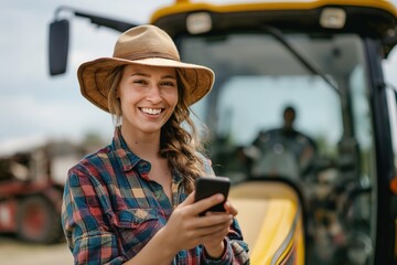 Female farmer in hat using cellphone in front of tractor.