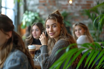 three pretty women aged between 25 and 29 are sitting in a café drinking coffee. One of them is talking on her mobile phone, the other two are chatting. In the background is a wall made of bricks, to 