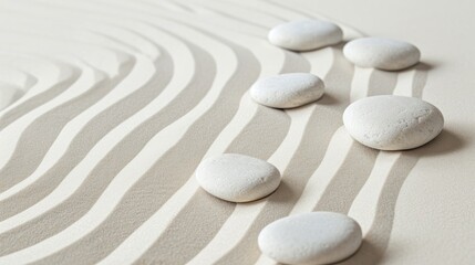 Smooth white pebbles arranged on white sand