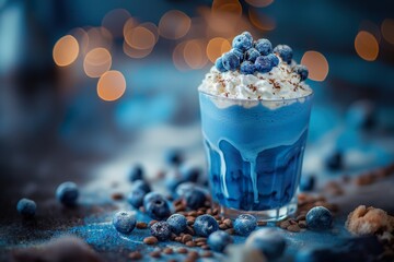 A blue drink topped with whipped cream and blueberries. - obrazy, fototapety, plakaty