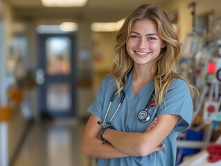 Pediatric Nurse, editorial photography - A pediatric nurse, arms crossed, smiling in a children's hospital ward. - obrazy, fototapety, plakaty