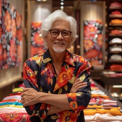 Obraz premium Personal Stylist, editorial photography - A personal stylist in a fashion boutique, arms crossed, smiling among racks of clothing. 