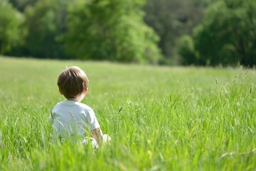 childhood in a grass field with minimalist aesthetics