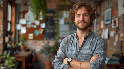 Obraz premium Startup Founder, editorial photography - A startup founder in smart casual wear, arms crossed, smiling in an innovative workspace. 