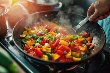 someone cooking a colorful stir-fry with fresh vegetables in a well-lit kitchen during the evening