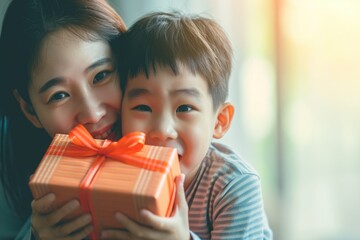 son holding gift and hiding from mother for surprising