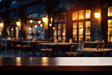 Empty wooden table and Coffee shop blur the background with a bokeh image. For Your photomontage or product display.