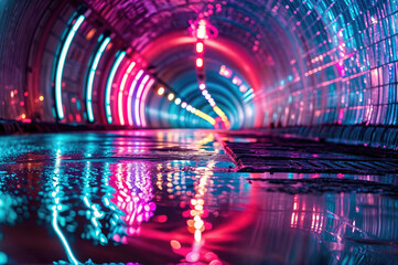 A tunnel with a glossy floor, colorful neon lights, and a reflection of the lights on the floor.