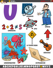 Letter U set with cartoon objects and characters