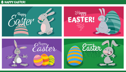cartoon Easter bunnies with painted eggs greeting cards set