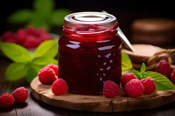 Raspberry jam with fresh berries on the wooden table.