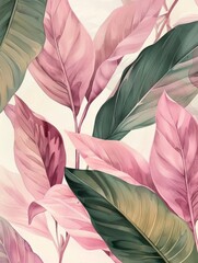 A painting featuring delicate pink and green leaves depicted on a stark white background, creating a striking visual contrast.