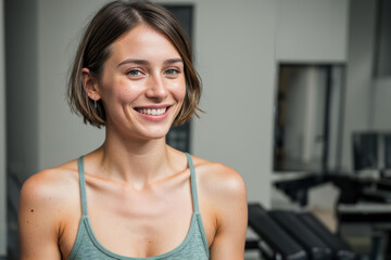 Smiling Young Woman Posing in a Gym With Cardio Equipment in the Background - 750736159