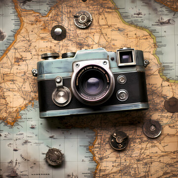 Vintage camera on a weathered map. 