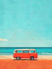 A realistic painting depicting a van parked on a sandy beach with ocean waves in the background.