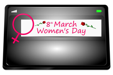 Tablet computer with International Women's Day Banner - 8 March - 3D illustration - 750736390
