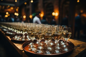 a waiter in a suit stands with a tray on which there are two glasses of champagne for guests of a luxury restaurant - obrazy, fototapety, plakaty