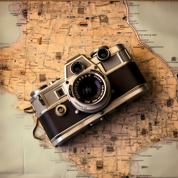 Vintage camera on a weathered map. 