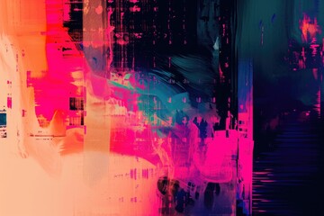 Digital glitch-inspired abstract background with pixel elements in contrasting colors, providing a modern and edgy feel
