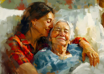 Woman spending time with her elderly mother at home,enjoying family leisure.