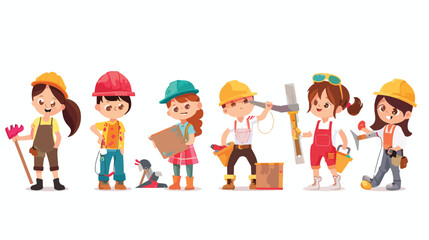 Team of happy children working as constructors Flat 