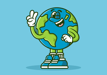 Character illustration of earth with hands forming a symbol of peace. blue green colors