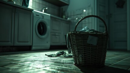 Laundry basket with towels and clothes on the background of a washing machine in the bathroom. A basket filled with clean towels and clothes, a household essential - obrazy, fototapety, plakaty