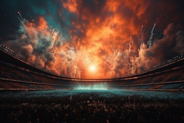 A joyous crowd of fans stands in a stadium, raising their arms in the air, under the morning sky filled with clouds, amidst the lush green grass - obrazy, fototapety, plakaty