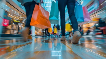 motion blur of people. Shoppers walking at shopping center, Abstract motion blurred shoppers with shopping bags