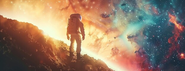 Historic First Steps: Astronaut on Unexplored Planet with Cosmic Landscape Backdrop - obrazy, fototapety, plakaty
