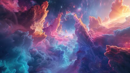 Abstract Space Odyssey: High-Resolution Art Installation Featuring Geometric Shapes, Astral Bodies, and Neon Nebulas - obrazy, fototapety, plakaty