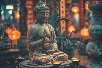 Graceful statue of Buddha exudes tranquility and spiritual enlightenment, a symbol of peace and serenity - obrazy, fototapety, plakaty