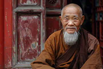 a Chinese old man wearing a monks robe - obrazy, fototapety, plakaty