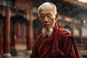 a Chinese old man wearing a monks robe - obrazy, fototapety, plakaty