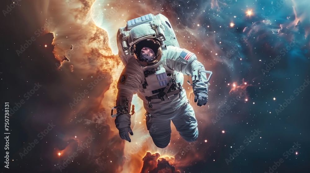 Wall mural human connection to the cosmos: an astronaut floating in zero gravity, surrounded by the majesty of 