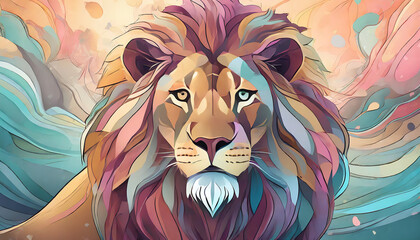Abstract illustration of majestic lion in pastel colors. Wild African animal.