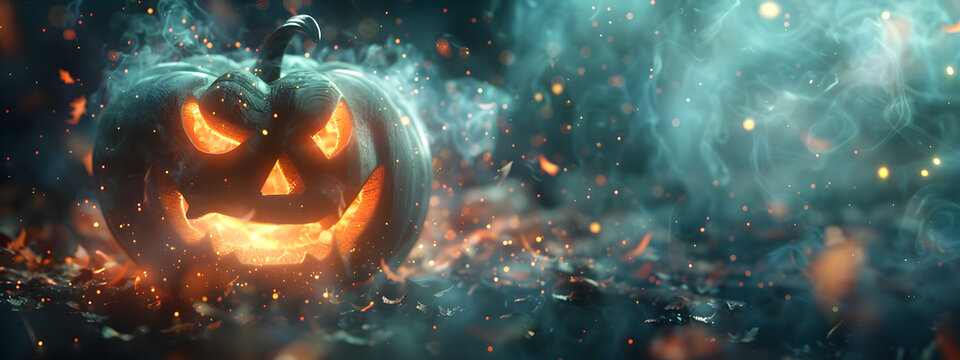 A halloween horror scary pumpkin with light glowing and smoke wallpaper background banner. Copyspace or blank space for edit.