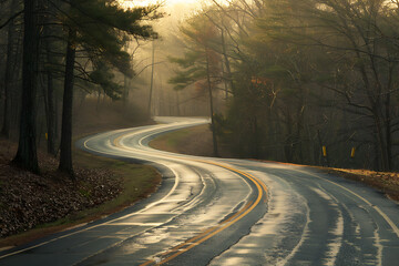 Fototapeta premium Captivating shots of a winding road leading towards the scenic backdrop of untouched nature