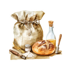 Watercolor baking ingredients composition. Hand drawn flour olive oil salt bread illustration vector