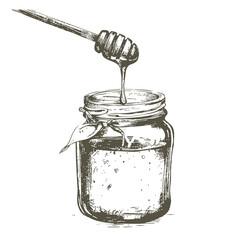 Watercolor jar of organic honey, yellow pot with bee decor, wooden spoo vector honey illustration