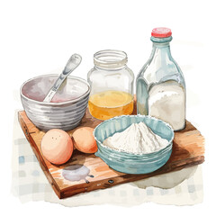 Watercolor still life with ingredients for dough making. Flour, milk, eggs, vector