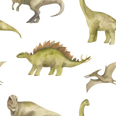 Watercolor seamless pattern with illustration of a dinosaurs. For children's room decor, wallpaper, textile